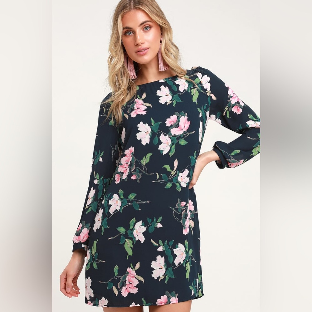 Lulus Rosalinda Navy Blue Floral Print Long Sleeve Shift Dress